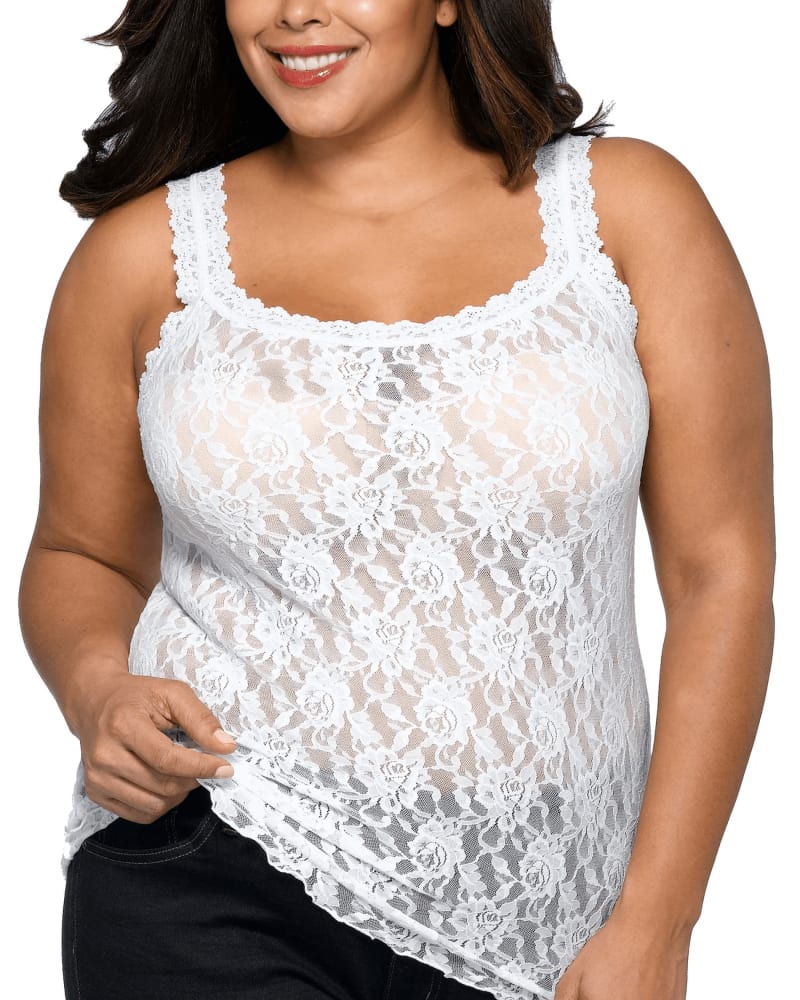 Front of a model wearing a size 2X SIGNATURE LACE UNLINED CAMISOLE in WHIT-WHITE by Hanky Panky. | dia_product_style_image_id:272635